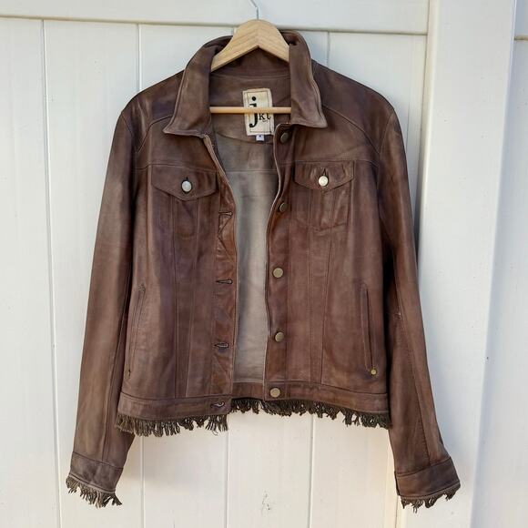 Jakett Alexa Jacket Washable Genuine Leather Fringe Patina Crop JKT NYC Brown S - Picture 1 of 9